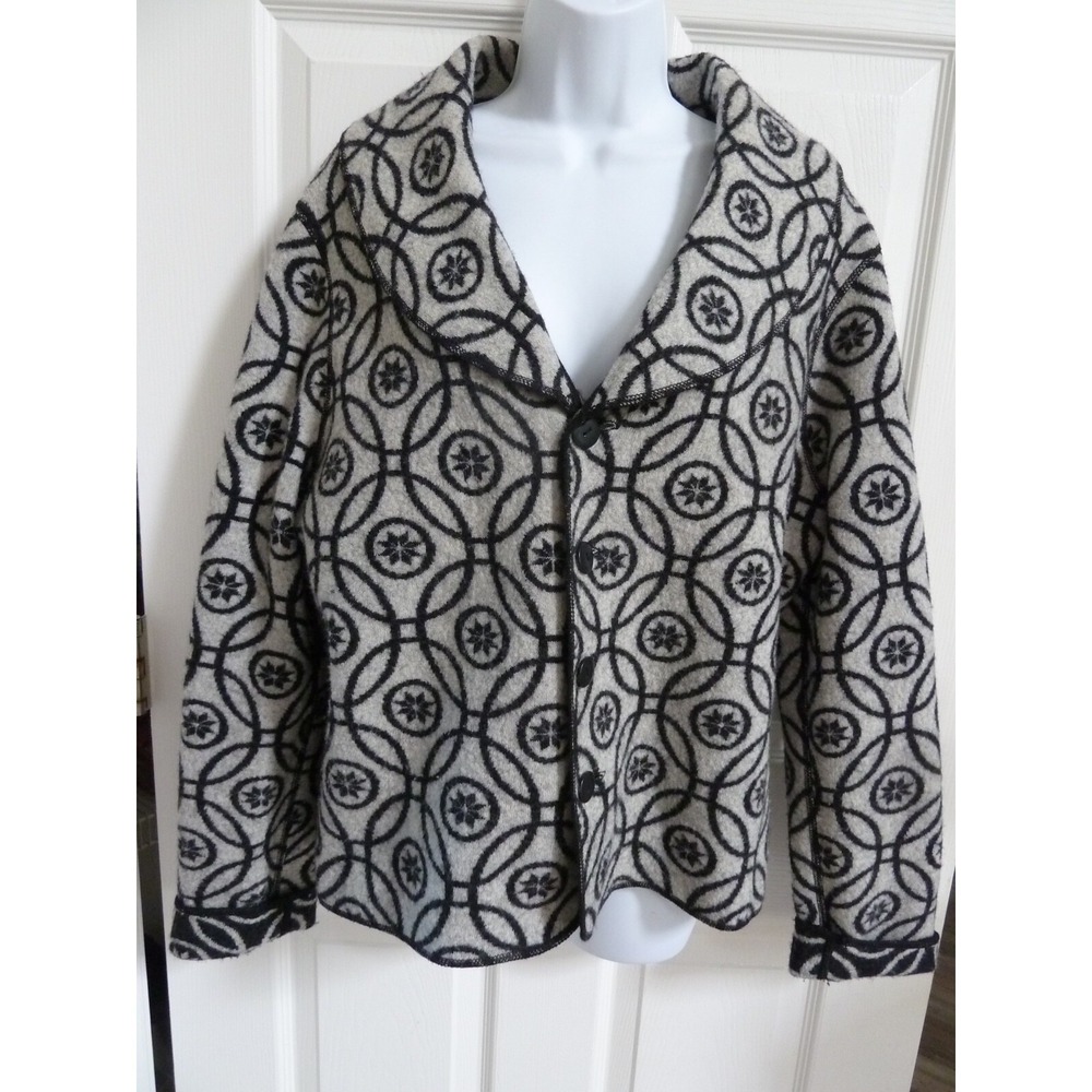 Vtg Reversible Jacket Wide Collar Artsy Wool Blend Gray Black Geometric Large